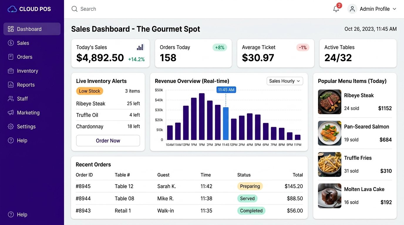 TIICON Cloud POS Dashboard showing live sales, orders, tables, and inventory